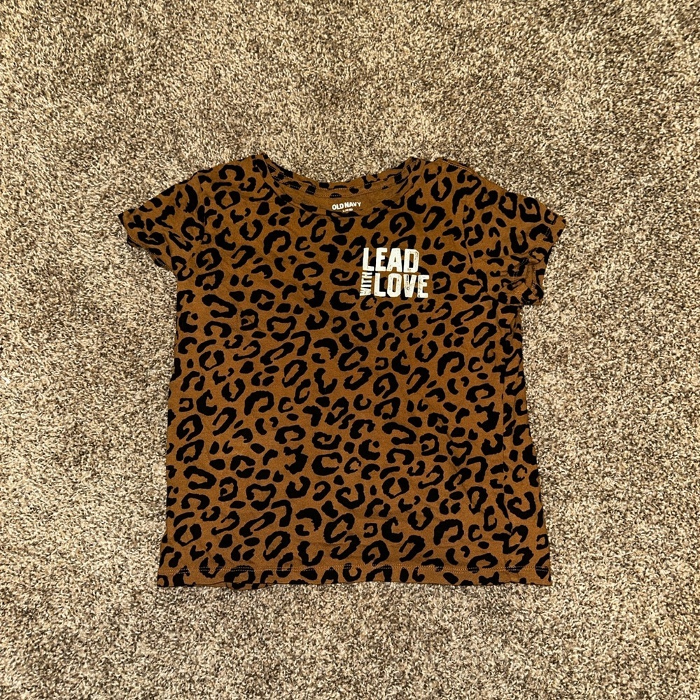 Old Navy Brown Leopard Print Short Sleeve Tee with "Lead with Love"